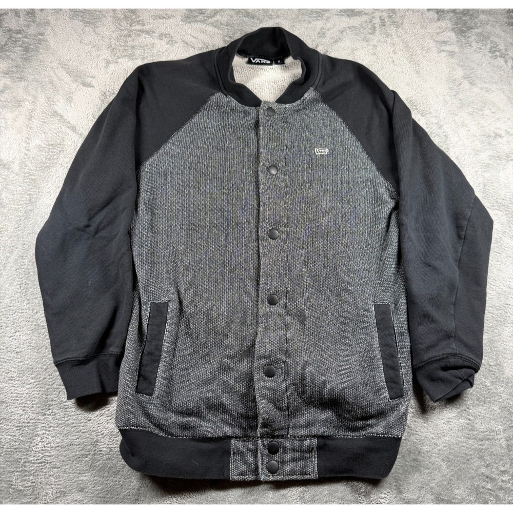 Vans Varsity Jacket Mens M Gray Black Snap Front Bomber Skate Streetwear